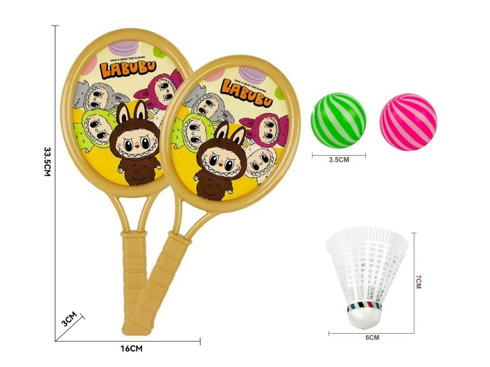 A Small Oval-Shaped Labrador Racket With 2 Table Tennis Balls And 1 Badminton Ball