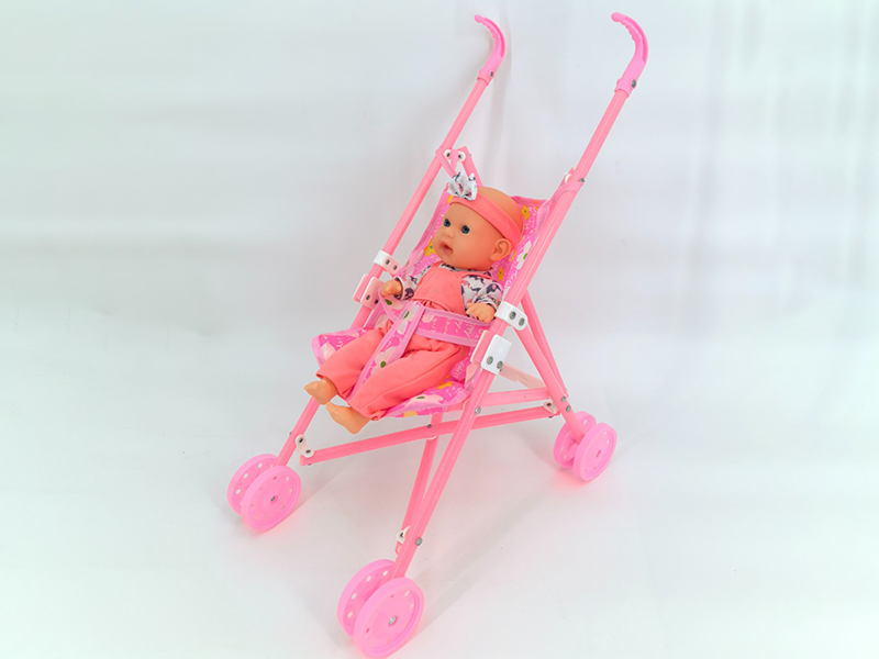 Plastic Baby Stroller + 13-Inch Cotton Body Doll With IC