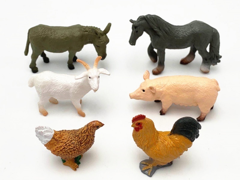 6 Mini Poultry Animals: Hen + Rooster + Pig + Horse + Donkey + Goat