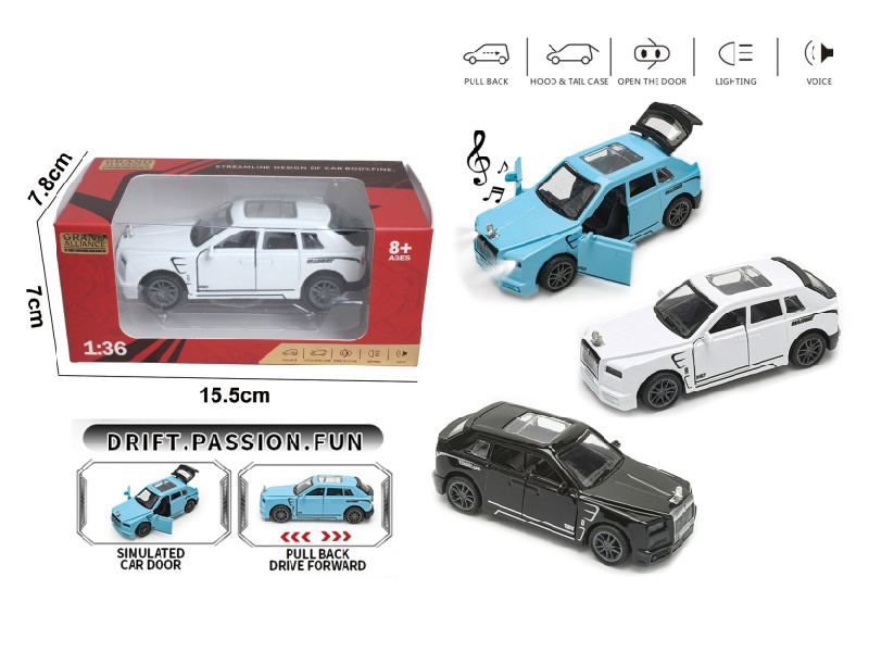 1; 36 Force Alloy Car Model - Cullinan With Lights And Music (3-Color Mixed Outfit)