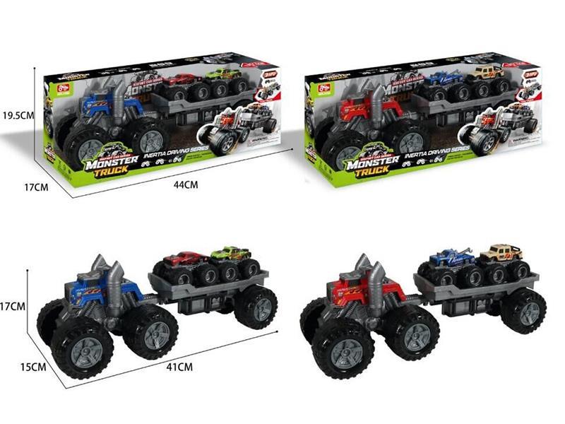 Friction Bigfoot Car With Trailer, 2 Small Cars