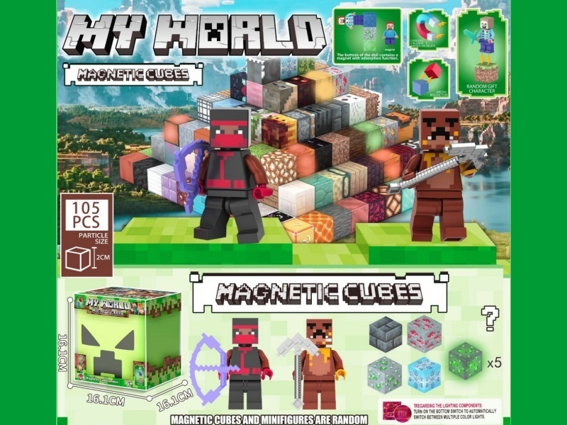 Minecraft Creeper Double-Face Expression Storage Box Magnetic Block Set 105PCS with 5 Glow-in-the-Dark Magnets and 2 Magnetic Figure Blocks
