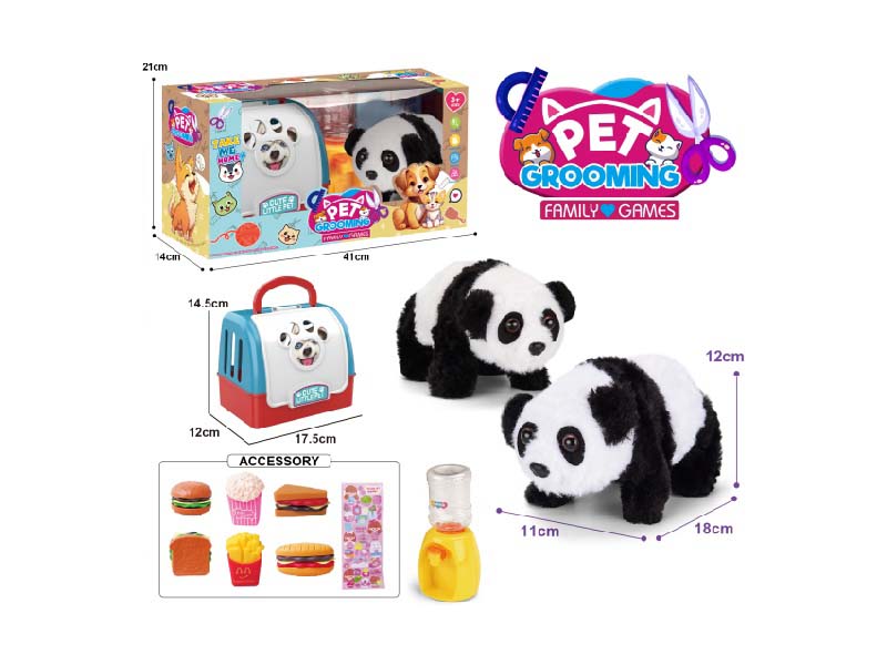 Portable Cage B/O Plush Walking Panda + Water Dispenser + Small Accessories (Single Color)