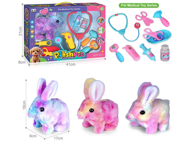 B/O Plush Pet Colorful Rabbit Pet Medical Set