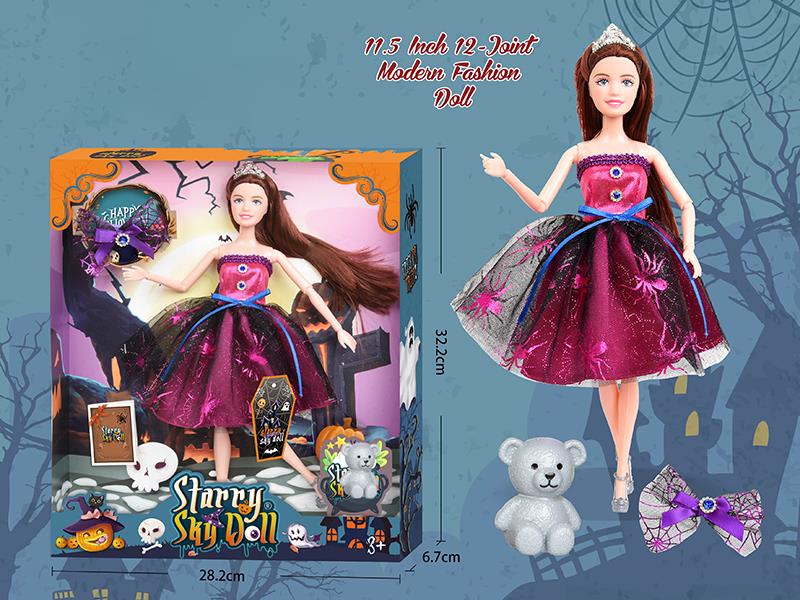11.5 Inch 12-Joint Halloween Doll With Crown, Hairpin, Bear, Wish Card