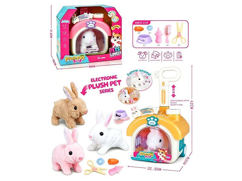 B/O Plush Rabbit + Pet House Cart + Hairpin + Feeder + Pet Bowl + Comb + Carrot + Scissor