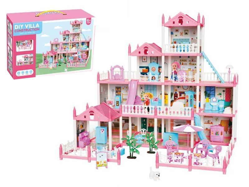 DIY Luxurious Four-Storey Villa With Lights(Pink) + 2 Dolls (14 Rooms)