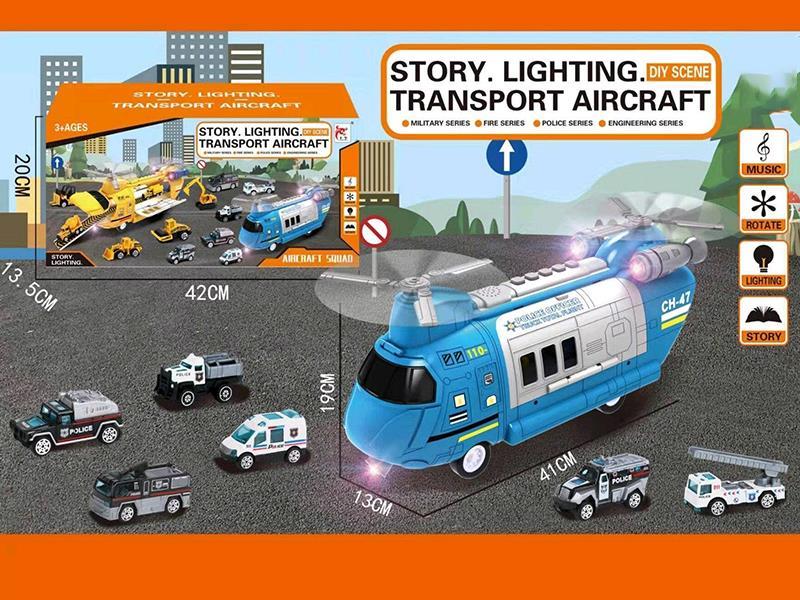 Storage Transport Aircraft With Light And Music, Ratating, Catapult Function + 6 Slide Alloy Police Cars + 15 Guidepost