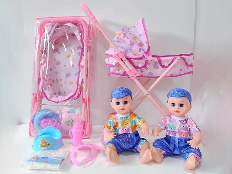 14" Baby Doll With IC(Can Drink Water And Pee) + Iron Stroller, Baby Bottle, Diaper, Plastic Bob, Plastic Potty