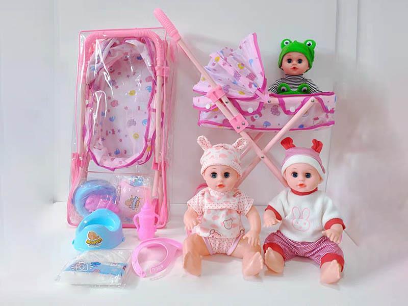14" Baby Doll With IC(Can Drink Water And Pee) + Iron Stroller, Baby Bottle, Diaper, Plastic Bob, Plastic Potty