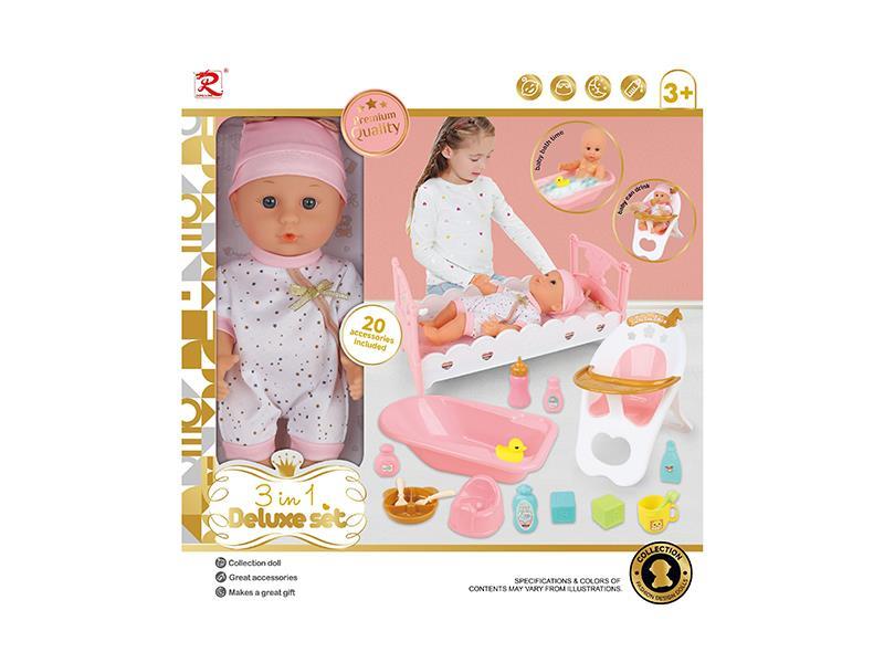 12" Baby Doll Bathtub, Dining Chair, Bed 3 In 1 Set