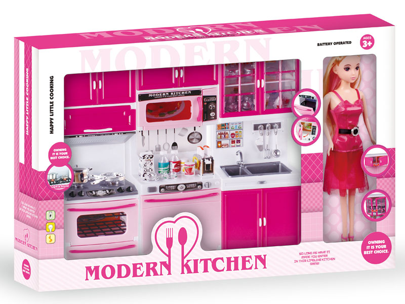 Pink Non-transparent Kitchen Combination + Barbie Doll With Light And Sound