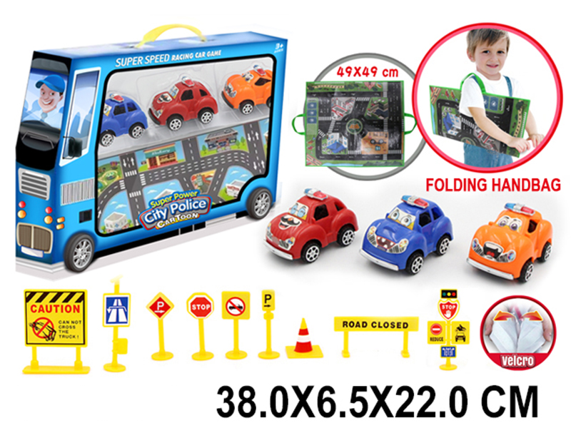 City Map Folding Handbag +3 Pull Back Police Car,9 Guidepost