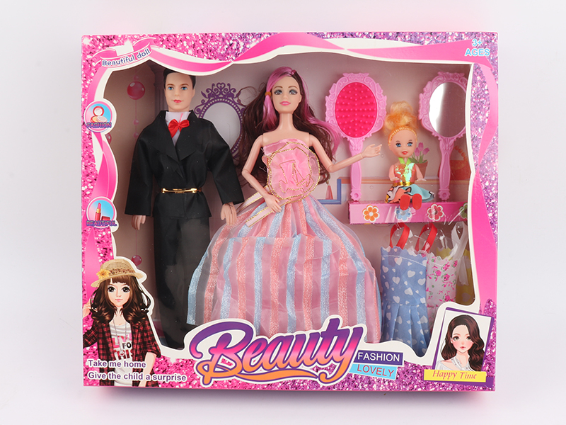 11.5 Inch Hollow, Solid  Movable Joint, Male And Female Dolls, A Family Of Three, With Comb Mirrors