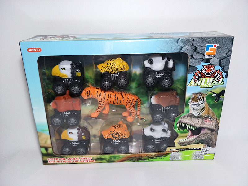 8 Animal Pull Back Cars + 1 Animal