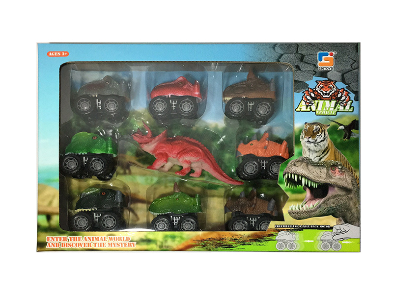 8 Dinosaur Pull Back Cars + 1 Animal