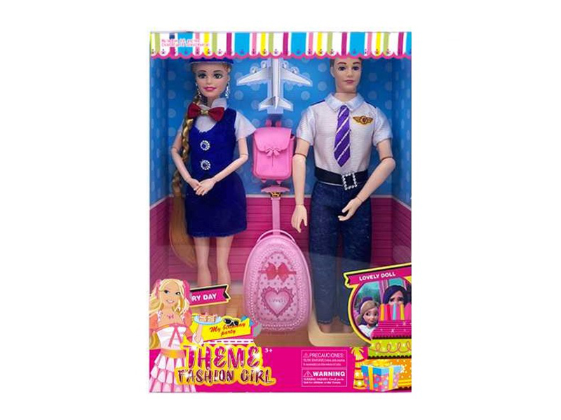 11.5 Inch Solid 9 Joint Stewardess Theme Double Doll With Earrings, Schoolbag And Suitcase