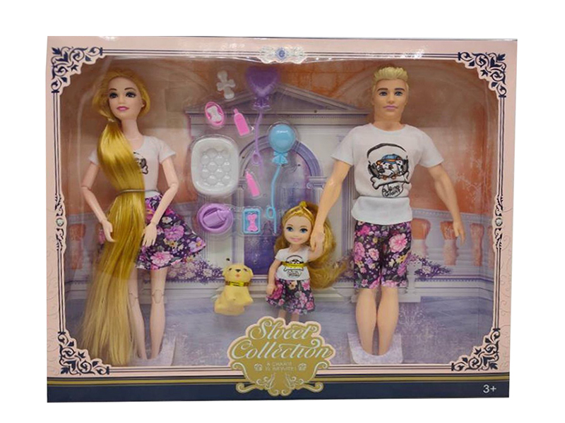 11.5 Inch 9 Joint One Family Of Three Dolls With Balloon Blister Small Dog Live Hand Man