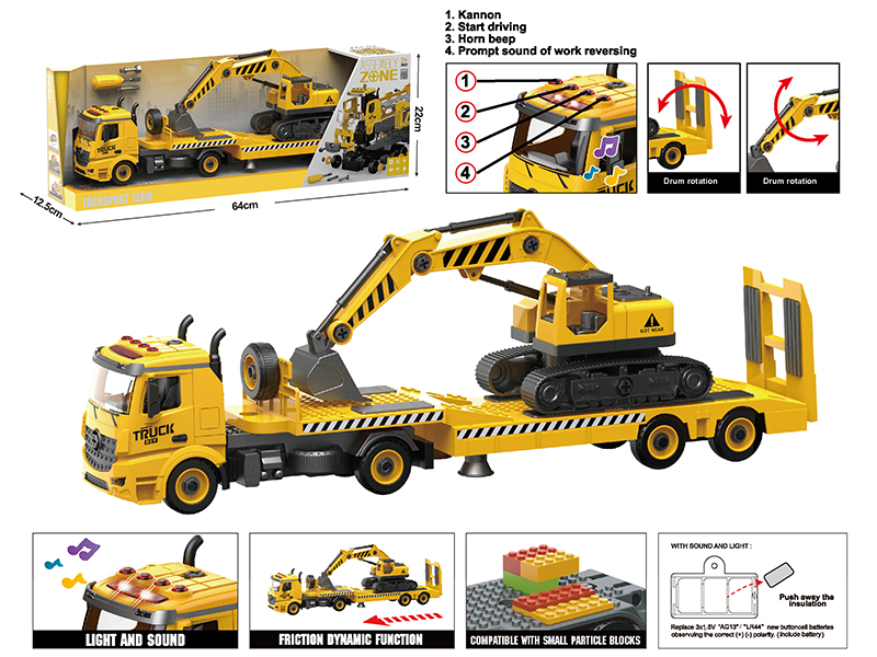 DIY Assembly Friction Heavy Equipment Transporter/Excavator(Lights,Music,Compatible With Small Particle Blocks)