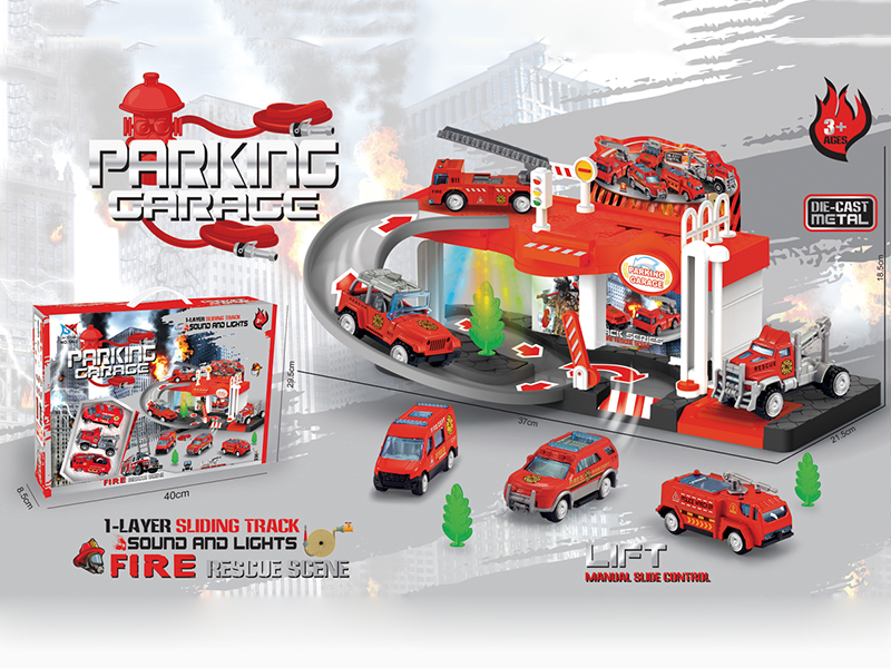 Alloy Fire Engine 2-Layer Parcking Lot With Light And Music