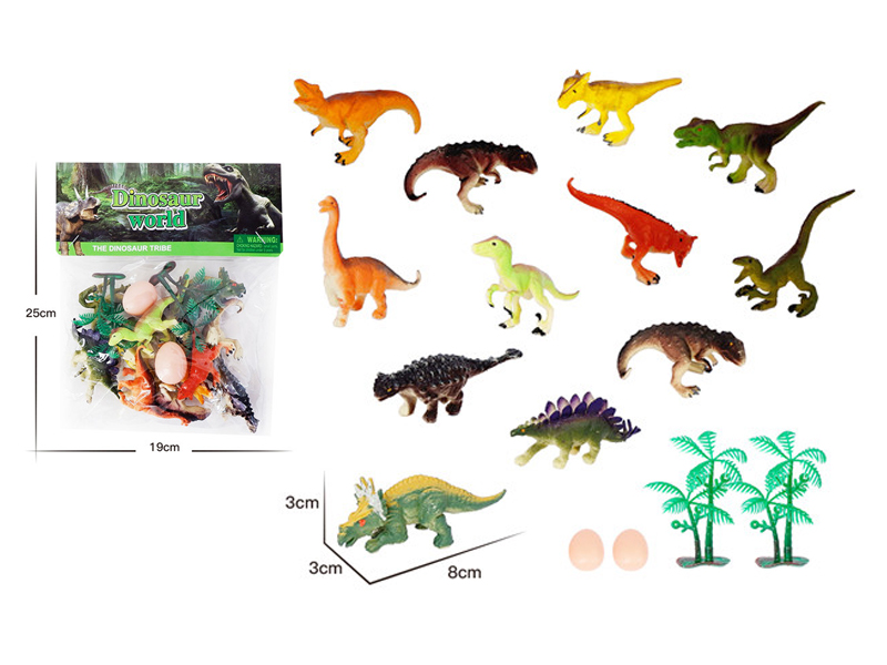 12PCS 3 Inch Solid Dinosaur, 2 Trees And 2 Eggs