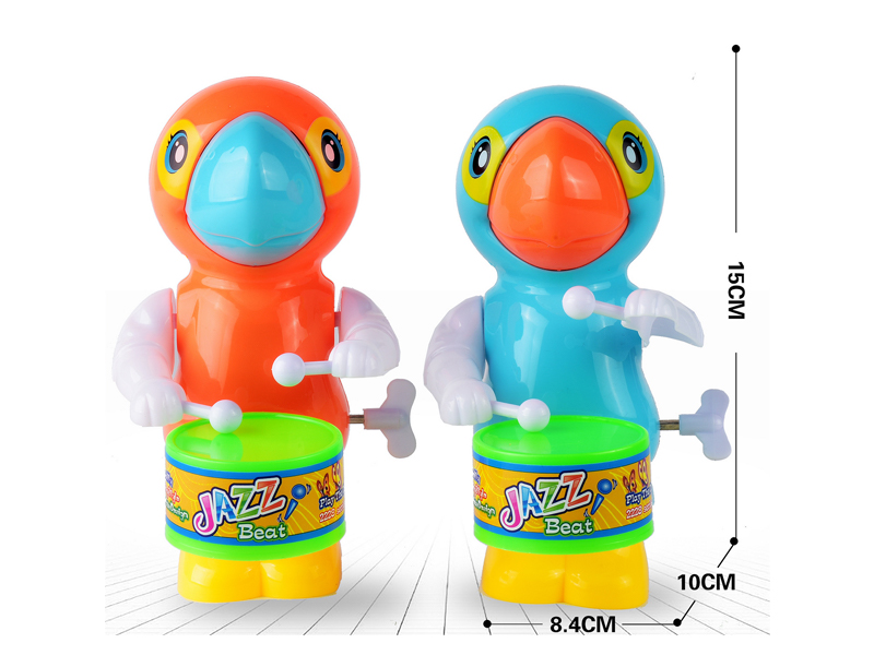 Wind Up Cartoon Parrot Swinging And Beating Drums