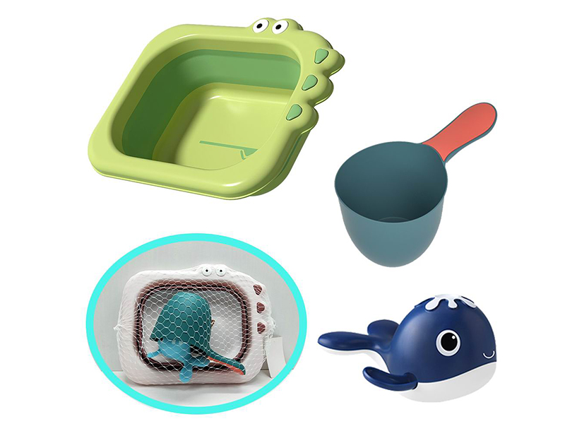 Bathroom Water Toy 3PCS (Folding Crocodile Washbasin + Water Ladle + Whale)