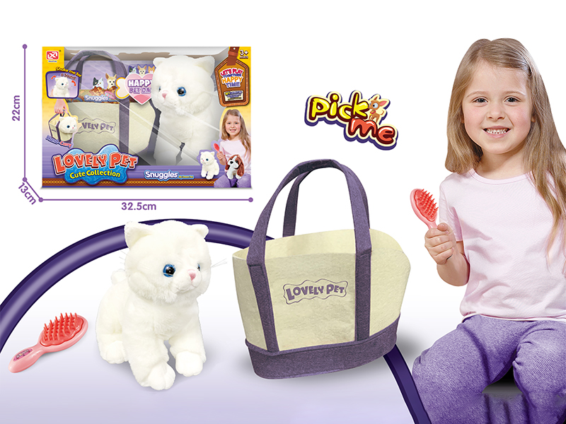 Plush Cat Pure White English Short Cat+Bb Whistle+Storage Handbag