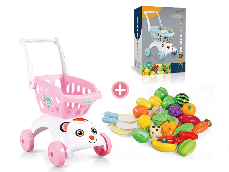 Pink Shopping Cart + Cutting Fruits And Vegetable Set (29pcs)