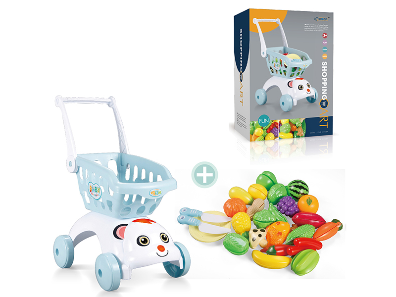 Blue Shopping Cart + Cutting Fruits And Vegetable Set (29pcs)