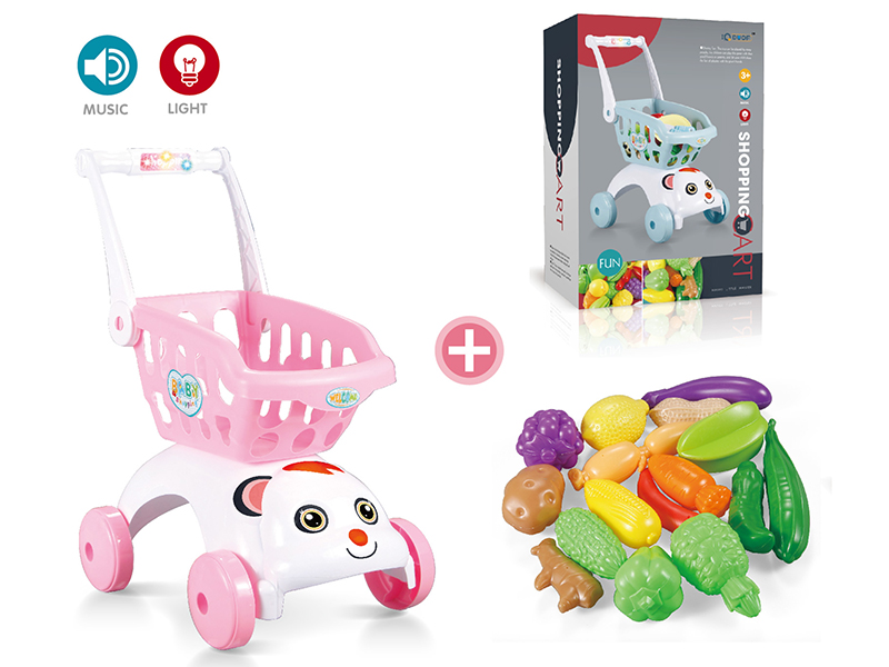 Pink Shopping Cart With Light And Sond + Fruits And Vegetable Set (17pcs)