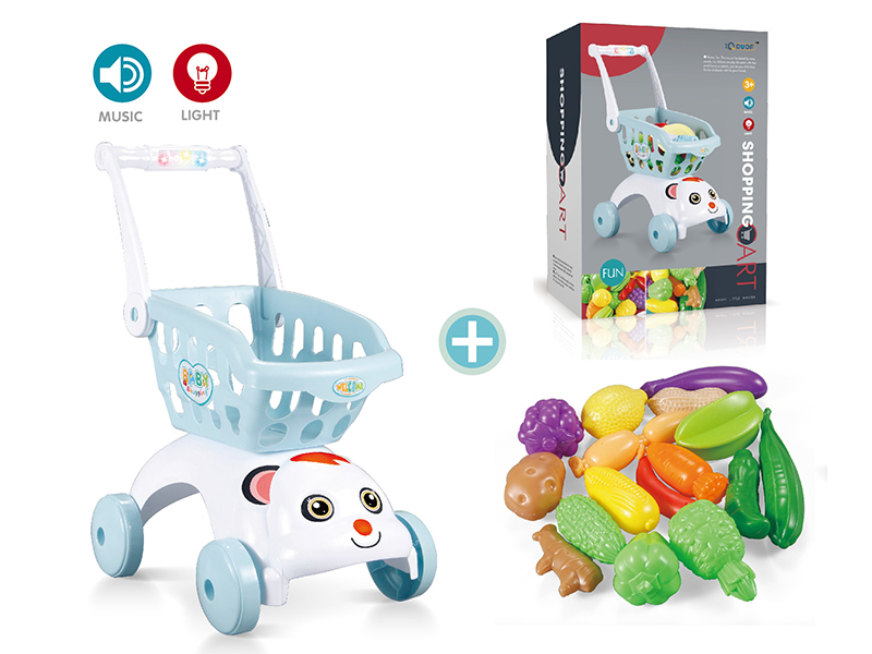 Blue Shopping Cart With Light And Sond + Fruits And Vegetable Set (17pcs)