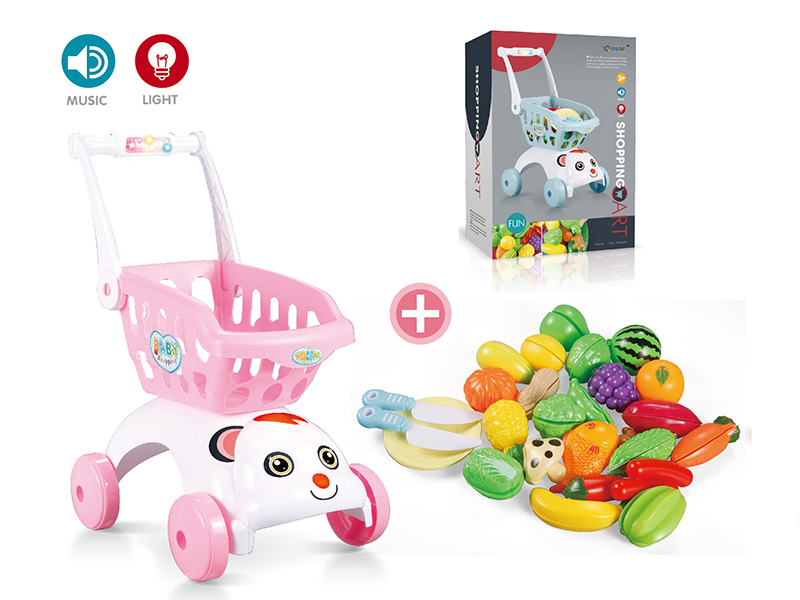 Pink Shopping Cart With Light And Sond +  Cutting Fruits And Vegetable Set (29pcs)