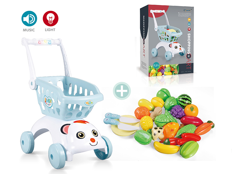 Blue Shopping Cart With Light And Sond +  Cutting Fruits And Vegetable Set (29pcs)
