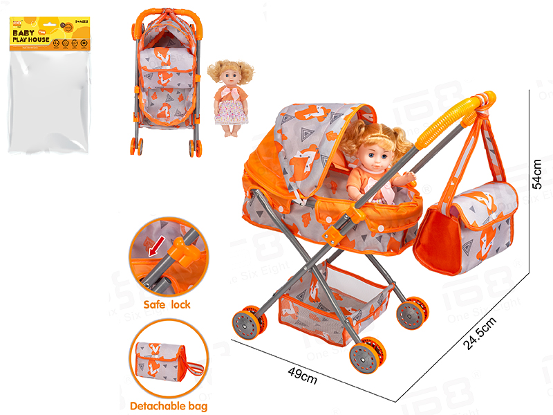 Baby Sunshade Stroller (Made Of Iron) + Storage Basket + Handbag + Doll