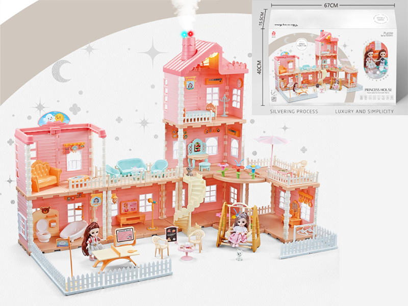 Self Installed Villa Roof With Light Chimney With Spray Light+2PCS 4.5 Inch Articulated Doll