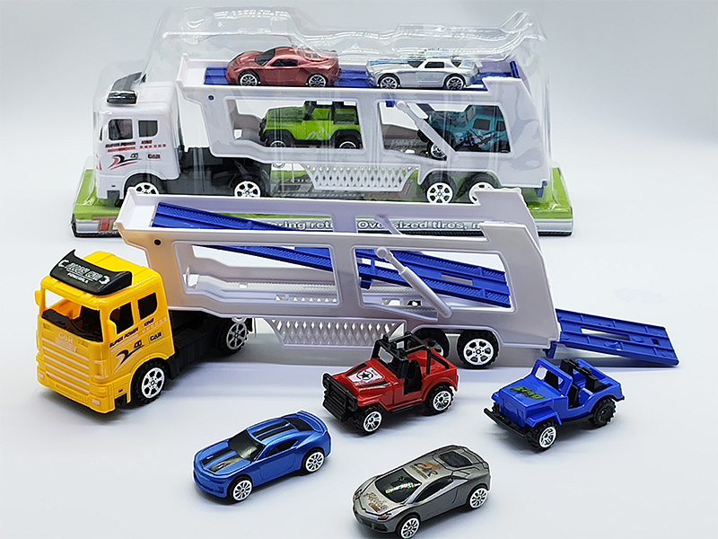 Friction Double Deck Trailer Slide Sports Car