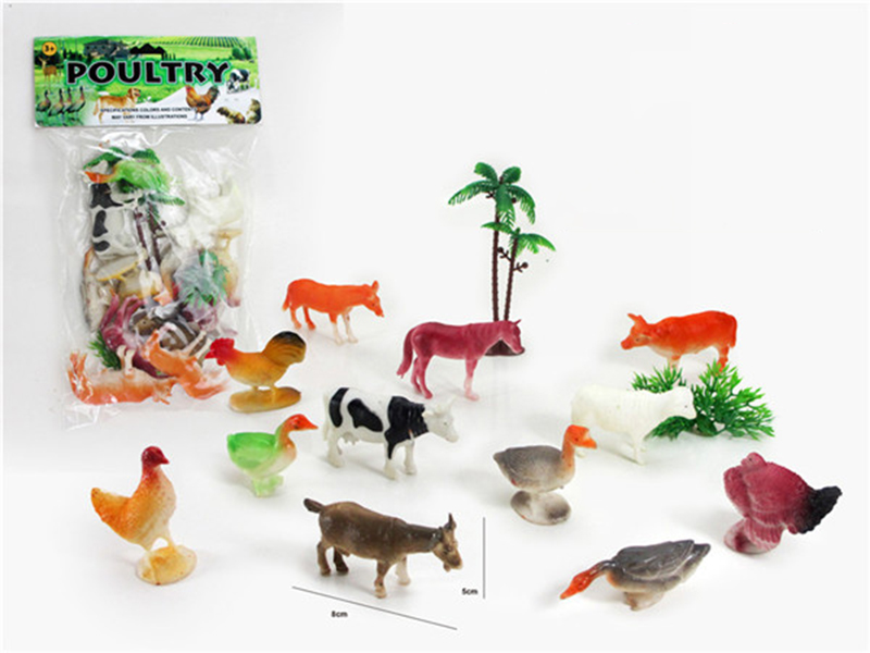 12pcs Poultry Animals With 1 Tree,2 Grasses