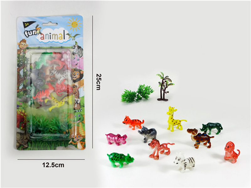10pcs Cartoon Wild Animals With 1 Tree,2 Grasses