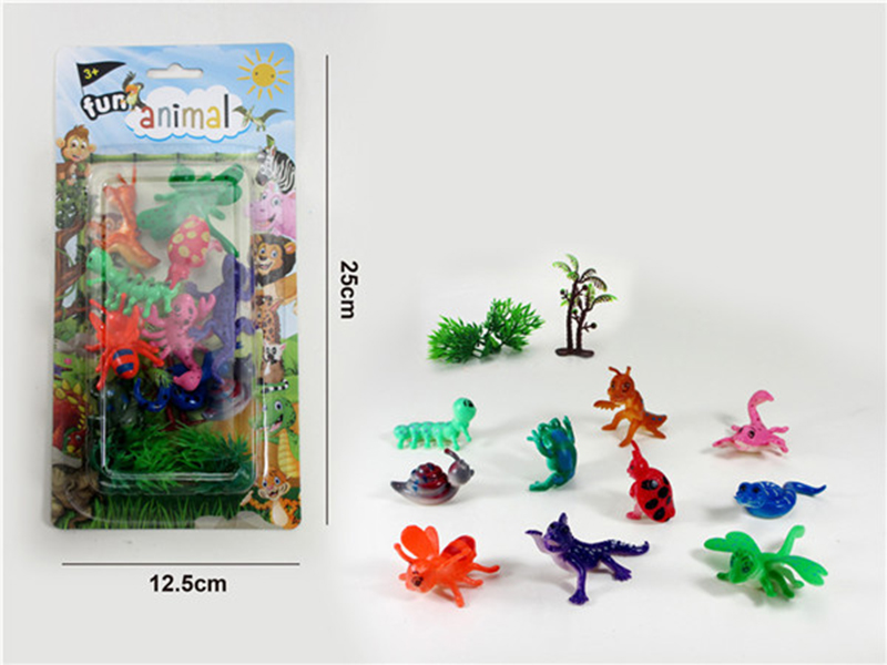 10pcs Cartoon Insect Animals With 1 Tree,2 Grasses