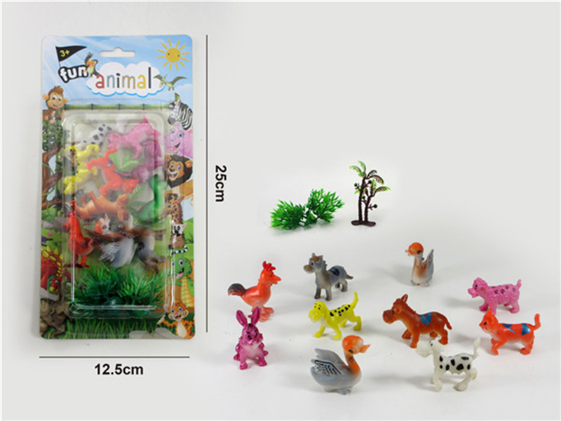 10pcs Cartoon Poultry Animals With 1 Tree,2 Grasses