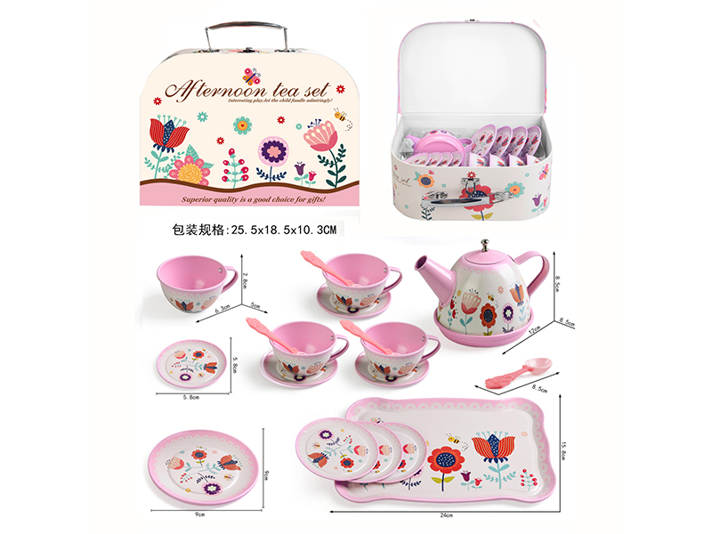 19Pcs Pink Flower Tinplate Afternoon Tea Set
