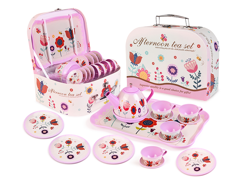 15Pcs Pink Flower Horse Iron Tea Set