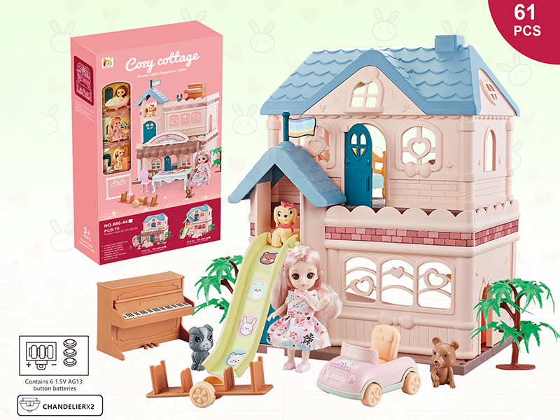DIY  Scene Villa House With Solid Animal And Doll(With Light)61pcs