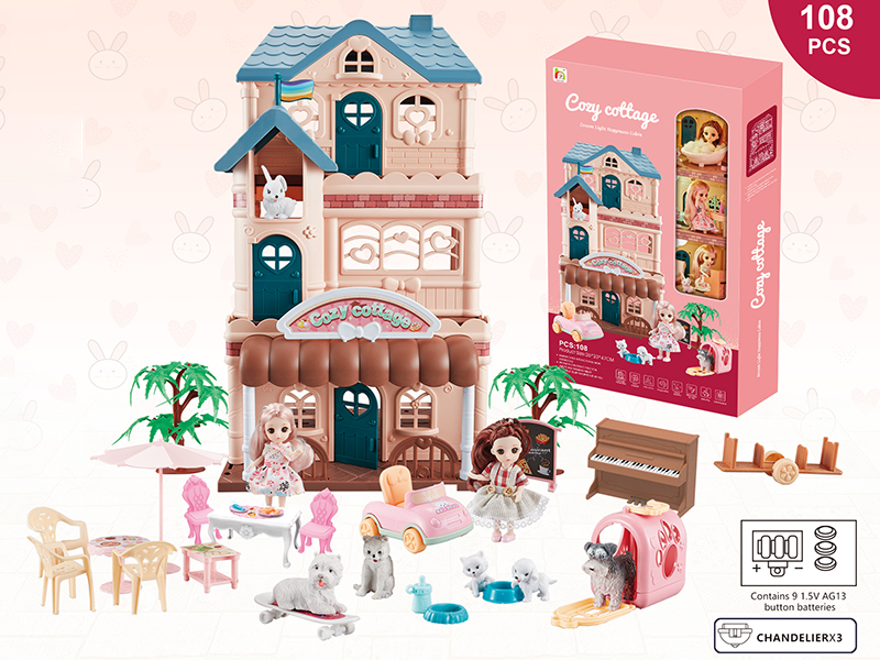 DIY  Scene Villa House With Solid Animal And Doll(With Light)108pcs