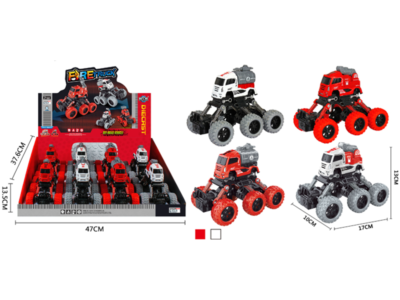8PCS Six Wheeled 4Wd Pull Back  Alloy Climbing Fire Truck