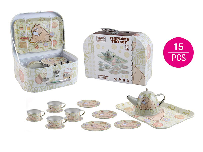 Yellow Bear Pattern Tinplate Tea Set 15PCS