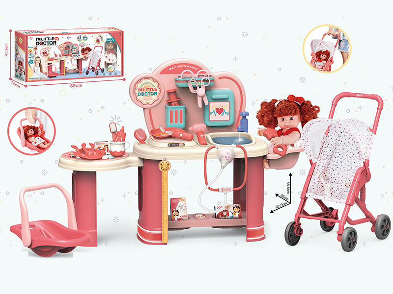 25PCS 3 In 1 24 Inch Medical Appliance Care Table With Water Outlet+Dolly Cart+Dolly Basket+11-Inch Full Vinyl Doll+Medical Appliance Accessories