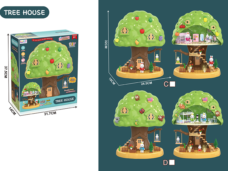DIY Assembly Tree House Double Layer Combination(2 Rabbit Dolls)