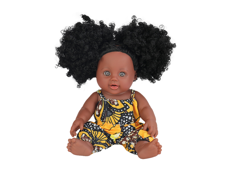 12 Inch Vinyl African Double Ponytail Black Doll+Fancy Suspender Pants